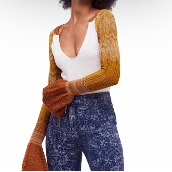 Free People x We The Free Retro Long Bell Sleeve Knit Thermal Top - Picture 1 of 12
